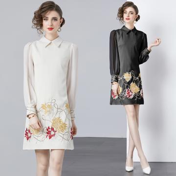 RM32476#高端女装2024新款重工时尚金线刺绣拼接透明袖连衣裙
