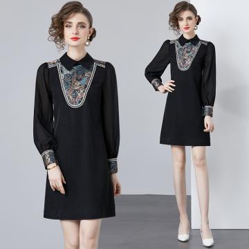 RM32477#新款轻奢重工国风刺绣拼接织带透明袖高级感连衣裙