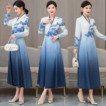 RM32498#旗袍新中式女装中国风 新款长袖复古茶服汉服改良版连衣裙