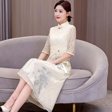 RM32502#蕾丝旗袍2024年新款春秋年轻款少女改良气质新中式拼接连衣...