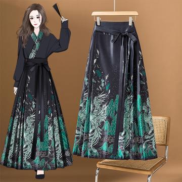 RM32512#大码女装2024春季新款国风印花半身裙新中式改良汉服马面裙