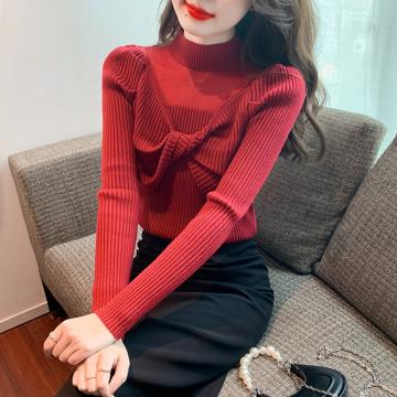 RM32566#红色圣诞新年毛衣性感扭结设计感亮丝网纱拼接修身针织衫