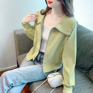 RM32569#绿色小香风外套女 新款小个子娃娃领洋气短款翻领夹克上衣