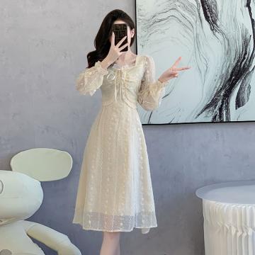 RM32572#新款法式长袖连衣裙收腰显瘦蕾丝仙气雪纺森系长裙子