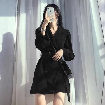 RM32594#高级感赫本风黑色西装连衣裙子 新款女装小个子打底裙