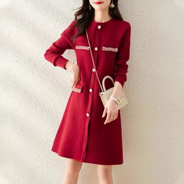 RM32602#新款过新年红色秋冬连衣裙女针织内搭长裙气质显瘦外穿裙子
