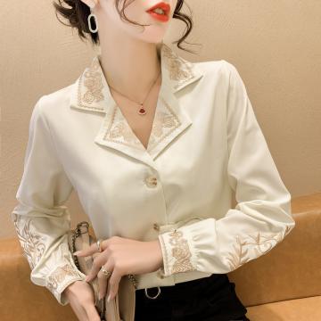 RM32617#新款设计感小众洋气重工刺绣西装领长袖衬衫女