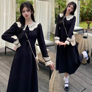 RM32618#大码法式初恋甜美娃娃领小黑裙收腰显瘦黑色连衣裙