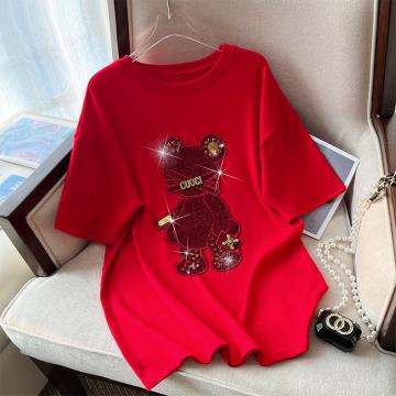 RM32709#新款重工镶钻新年红重磅磨毛纯棉T恤女洋气百搭