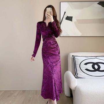 RM32746#时尚设计感2024新款法式气质修身显瘦包臀丝绒连衣裙女