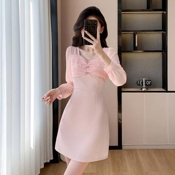 RM32752#新款小香风高级感粉色甜美高腰A字显瘦连衣裙