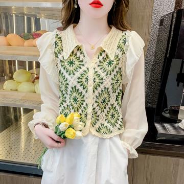 RM32761#衬衫女春季新款短款长袖复古针织甜美洋气小衫防晒衫