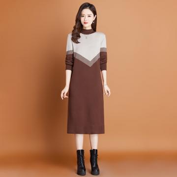 RM32768#高领撞色针织连衣裙 新款时尚简约保暖收腰裙子
