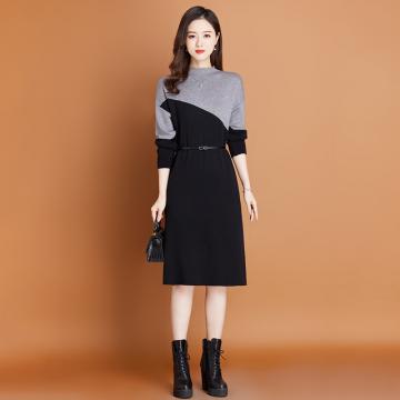 RM32769#新款冬季高腰显瘦洋气拼色半高领针织连衣裙