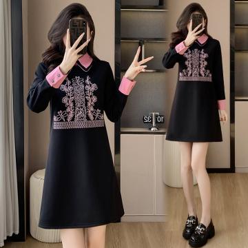 RM32801#新中式国风连衣裙 新款宽松型气质显瘦减龄休闲黑色裙子