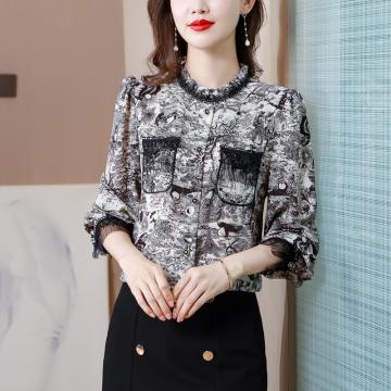 RM32833#新款衬衣女长袖蕾丝拼接印花上衣时尚气质潮流小衫