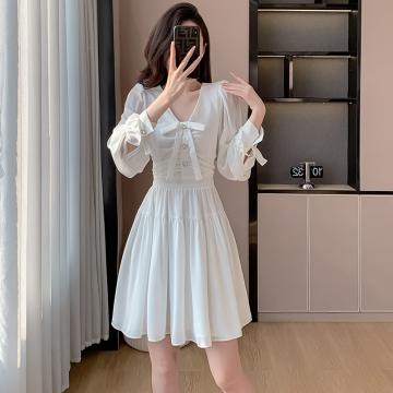 RM32845#新款法式甜美减龄女神小白裙收腰显瘦雪纺长袖连衣裙