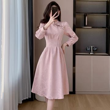 RM32847#粉色旗袍敬酒服新娘 新款订婚礼服新中式长袖回门伴娘裙子
