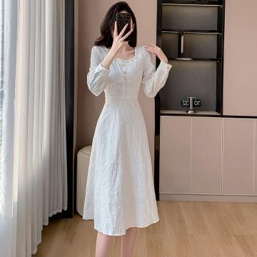 RM32848#小众方领气质显瘦收腰法式提花连衣裙女神中长款裙子
