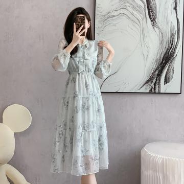 RM32855#新款法式茶歇系带碎花雪纺连衣裙收腰显瘦打底裙子