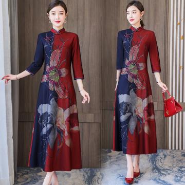 RM32897#新款改良旗袍连衣裙妈妈装显瘦印花长裙复古中国风连衣裙