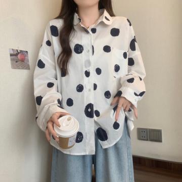 RM32915#娃娃领衬衫新款文艺范通勤宽松休闲圆点涂鸦长袖上衣女