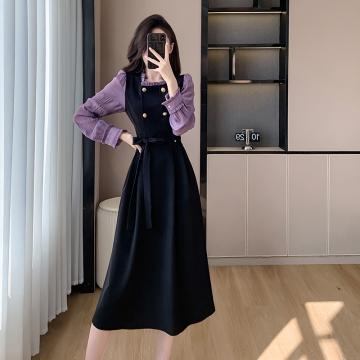 RM32973#法式设计感显瘦假两件连衣裙2024春季木耳边黑紫色长袖a字...