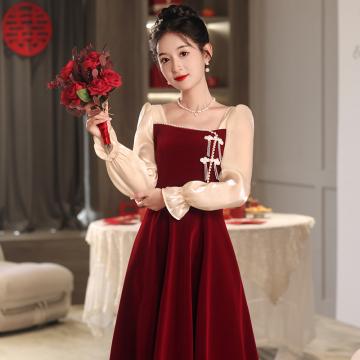 RM32978#酒红色丝绒敬酒服新娘  长袖结婚礼服女高级感修身订婚连衣裙