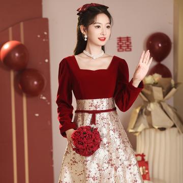 RM32979#敬酒服小个子新娘新款结婚订婚连衣裙红色礼服裙