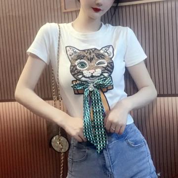 RM33116#冰丝猫咪刺绣重工钉珠蝴蝶结短袖针织上衣