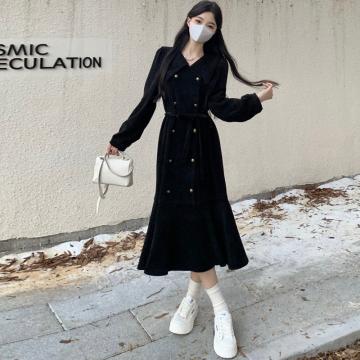 RM33141#大码女装赫本风黑色连衣裙长袖复古双排扣法式气质连衣裙