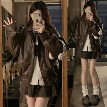 RM33267#皮衣外套女 春季新款开衫棕色美式复古学院风皮夹克