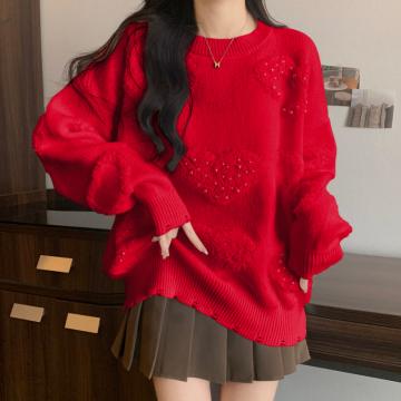 RM33291#胖mm大码女刺绣订珠过年穿红色毛衣显瘦减龄上衣