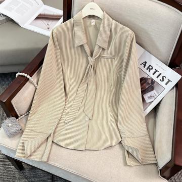 RM33305#大码纯欲风领带衬衣新款小众条纹长袖修身衬衫