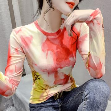 RM33333#时尚纱网印花定位花长袖圆领T恤修身显瘦洋气上衣潮