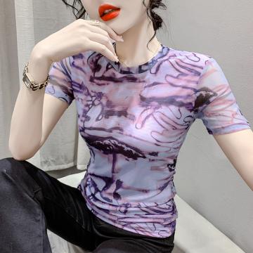 RM33341#夏季时尚纱网印花短袖圆领T恤修身显瘦洋气上衣潮实
