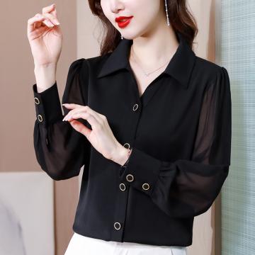 RM33349#新款长袖黑色衬衣女时尚气质显瘦简约纽扣雪纺上衣