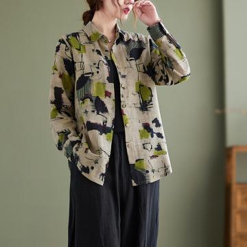 RM33370#棉麻印花衬衫女 文艺复古宽松大码长袖上衣