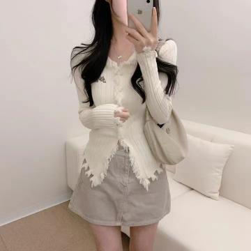 RM33376#韩版设计感流苏开衫毛衣外套女长袖刺绣打底衫