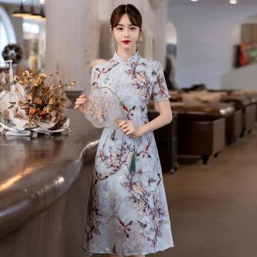 RM33380#新中式收腰雪纺连衣裙女夏短袖印花改良旗袍裙