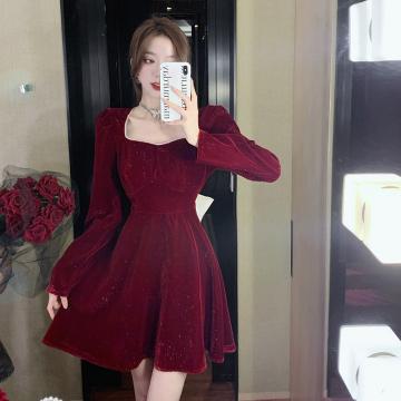 RM33393#红色金丝绒礼服连衣裙子女装 新款配大衣长袖气质显瘦