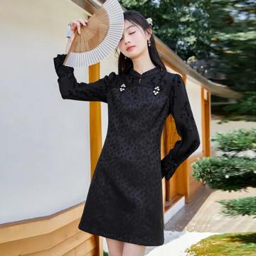 RM33413#中国风改良版旗袍裙长袖 新款高端提花植绒面料赫本小黑裙
