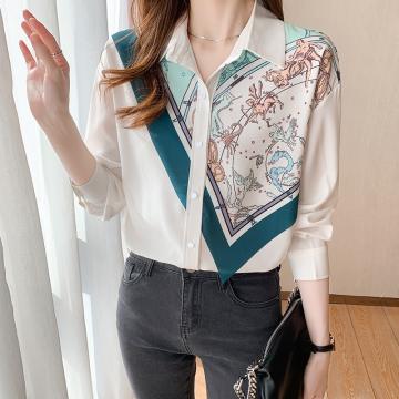 RM33509#新韩版时尚感拼接廓形时尚印花翻领显瘦长款衬衫