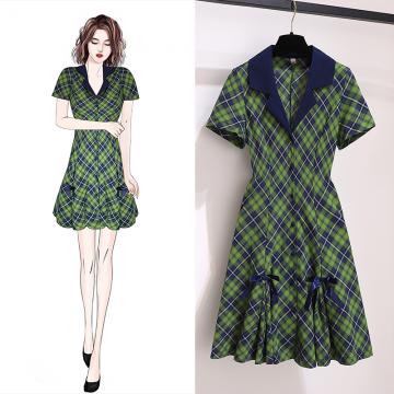 RM33592#小清新复古绿色格子连衣裙v领收腰西装裙