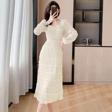 RM33595#新款方领收腰显瘦雪纺气质长裙