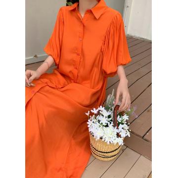 RM33618#日韩系春夏新款纯色单排扣长连衣裙