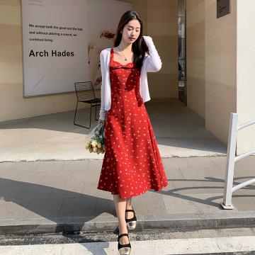 RM33634#春夏季红色碎花吊带长裙连衣裙海边度假沙滩裙