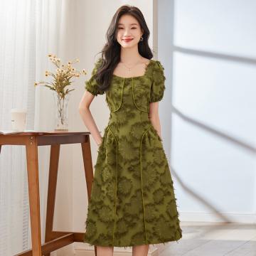 RM33659#职业装女夏装 新款绿色小众设计感绒毛长裙子高端工作服连衣裙