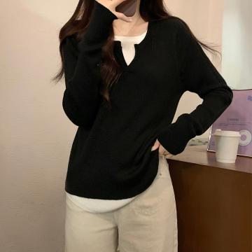 RM33668#韩版修身撞色假两件设计感打底衫气质针织内搭毛衣女