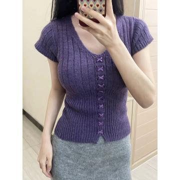 RM33748#纯欲性感紫色V领毛衣 蝴蝶结系带修身短款针织衫短袖上衣